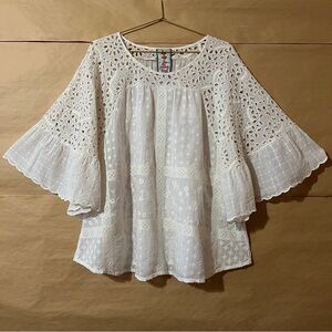 Johnny Was | Plaid Eyelet Embroidered Top Popover Blouse Flutter Sleeve Size M